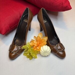 Stuart Weitzman Brown Leather Block Heel Pumps Women Size‎ 39 Buckle Detail